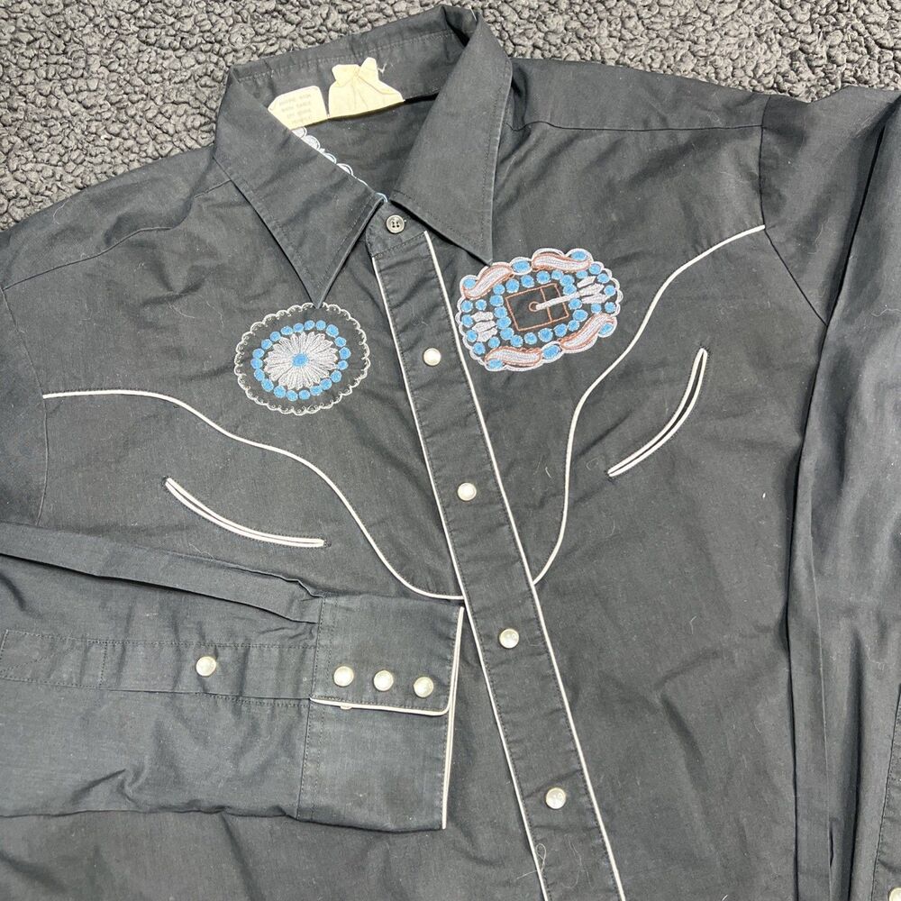 VTG Rocking K Ranchwear Embroidered Saloon Pearl Snap Western Shirt Men XL Black